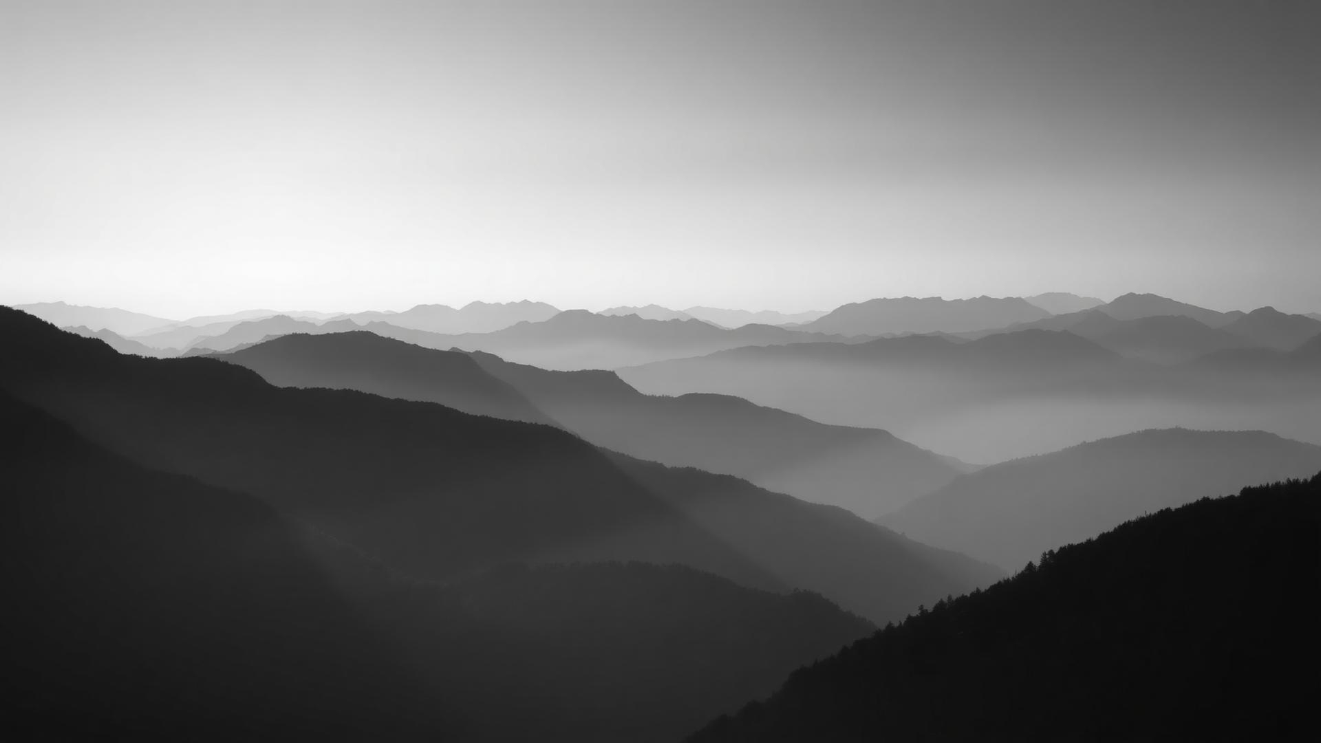 Layered mountain silhouettes fading into mist